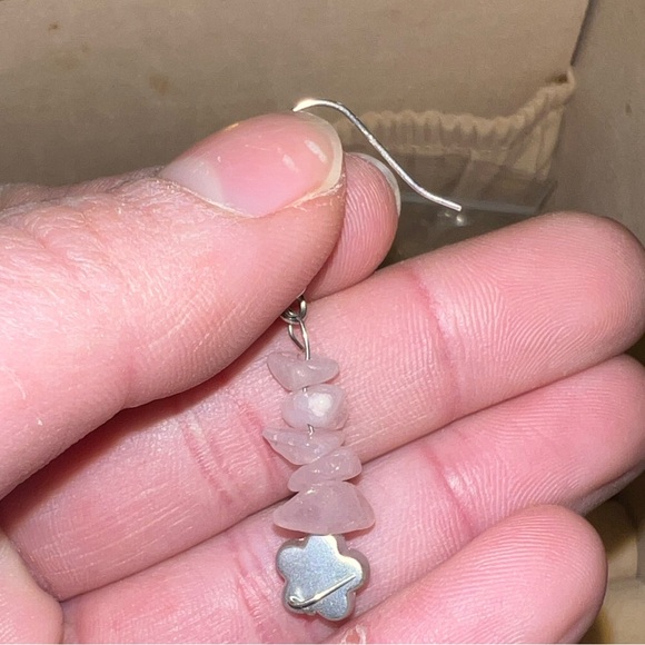 Vintage Pink Rose Quartz Silver Star Pendant Dangle Earrings - Picture 7 of 7